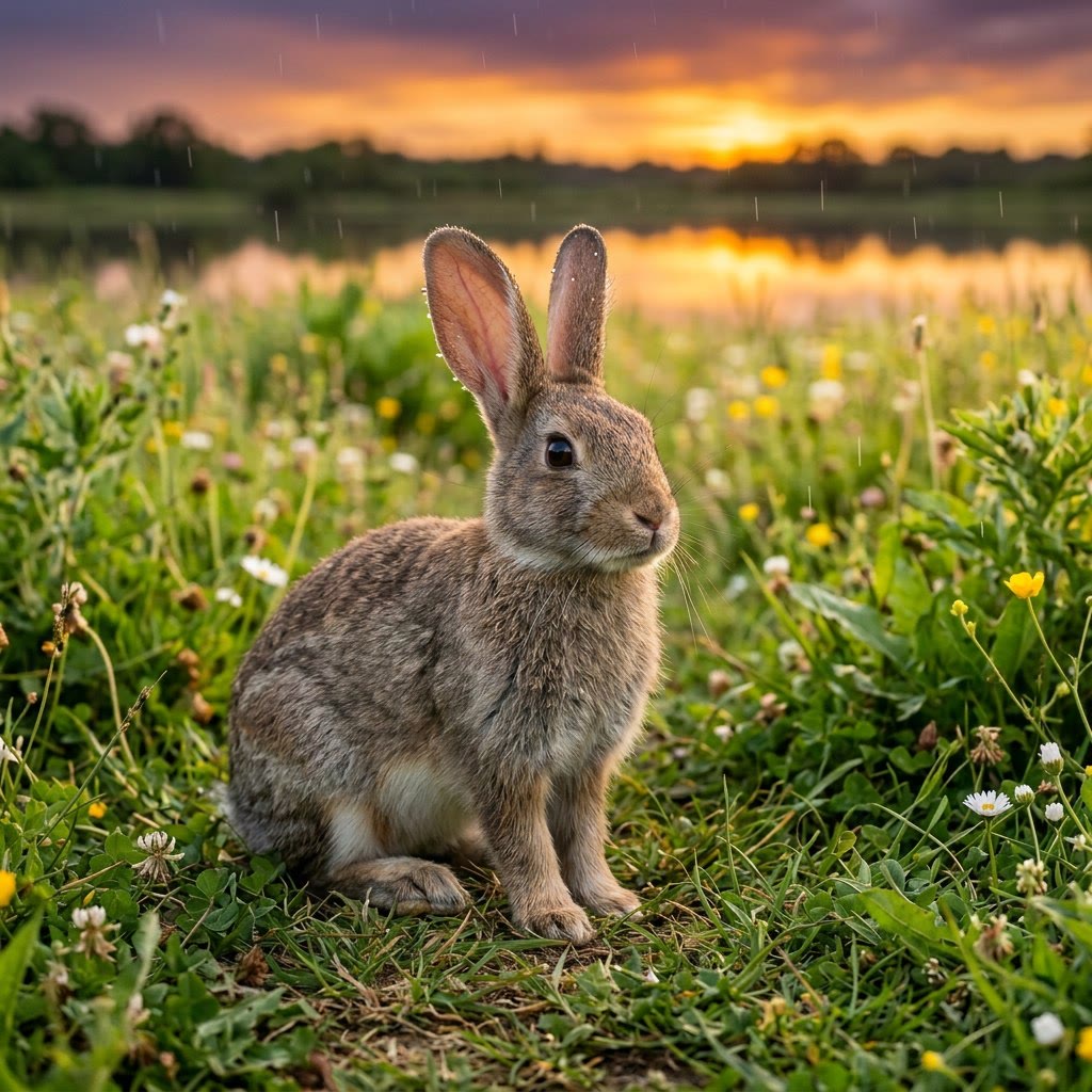 A wild rabbit in a meadow at sunset, generated by Nemo
